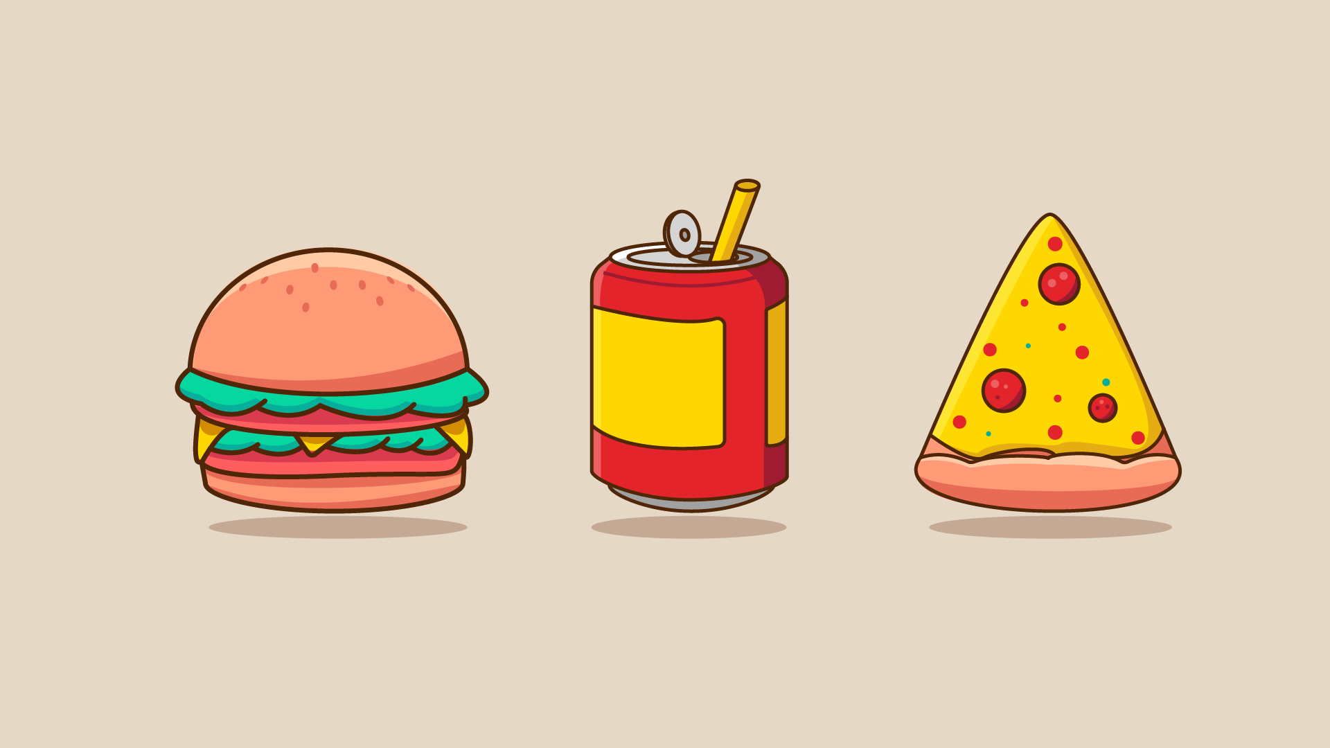 Um hamburguer, um refrigerante e uma porção de batata frita representados em vetorial
