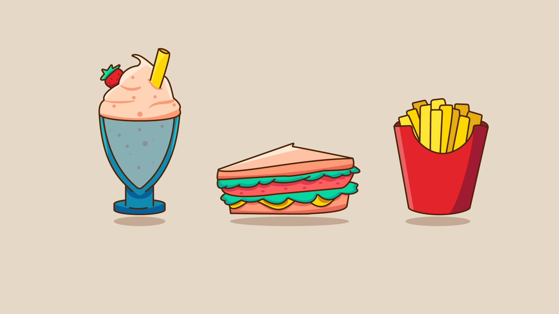 Um milkshake, um sanduíche e uma fatia de pizza representados em vetorial